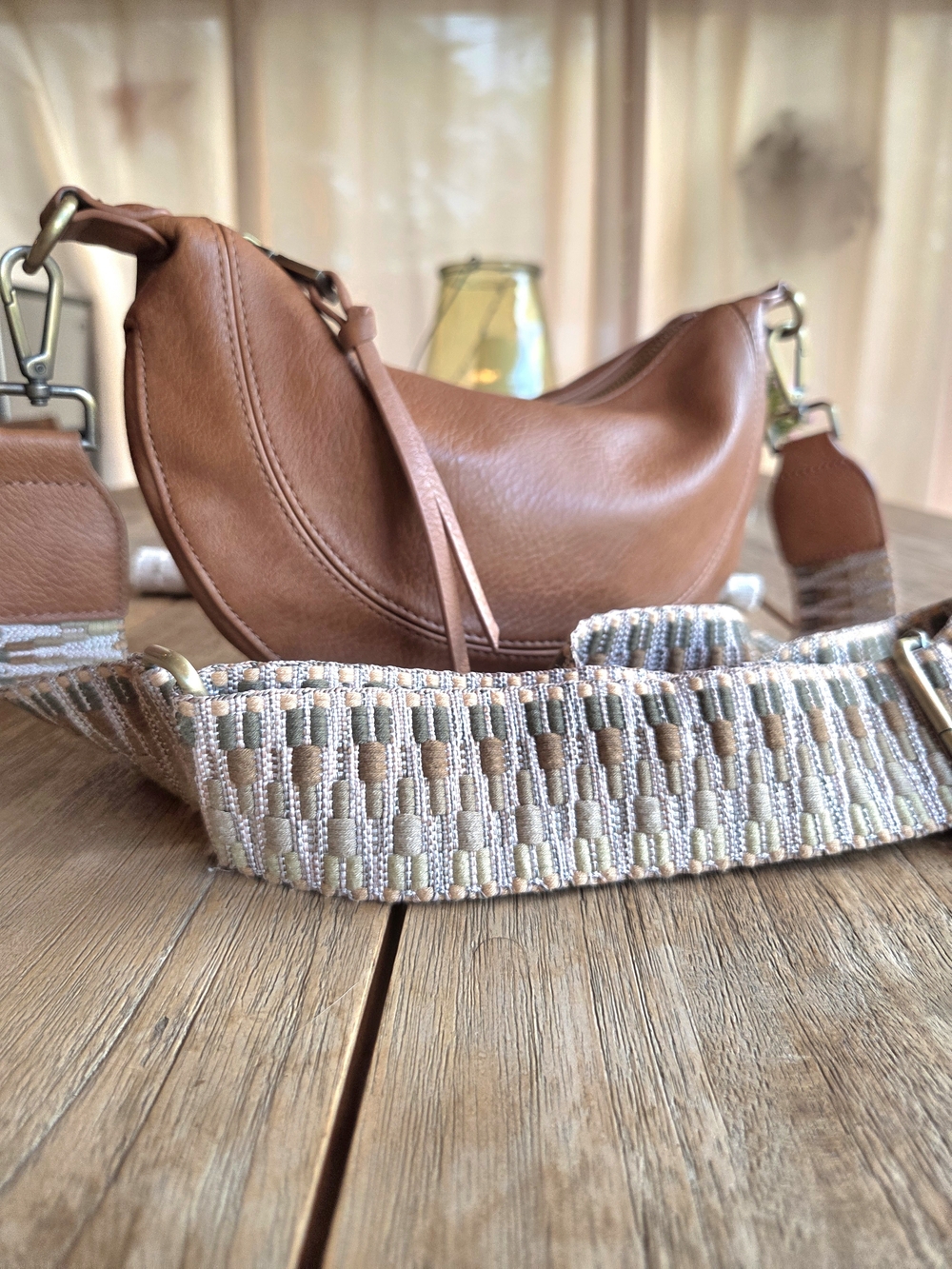 Anthropologie Beautiful Tan Crescent Shoulder Bag with Woven Strap / Boho